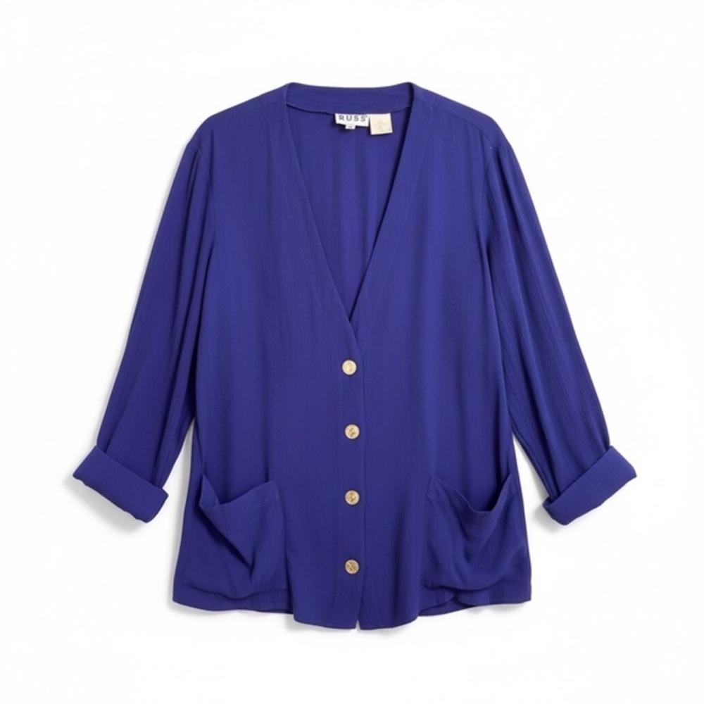 Russ Blue Button-Front Blazer Top Size 14 Long Sleeve V-Neck Tunic